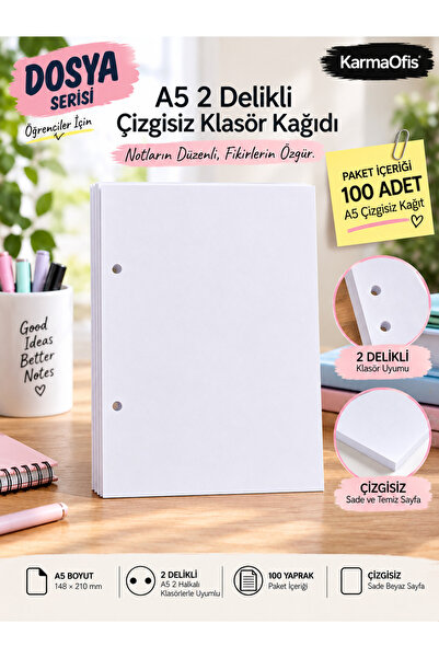 KarmaOfis A5 2-Hole Unlined Folder Paper – Compatible with 2-Ring Binders, 10...