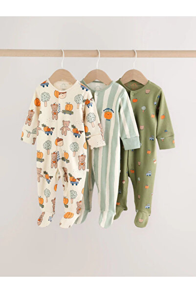 Next Baby %100 Pamuk Yeşil/Gri Ayaklı Animal/Kabak Desenli 3’lü Uyku Tulumu S...