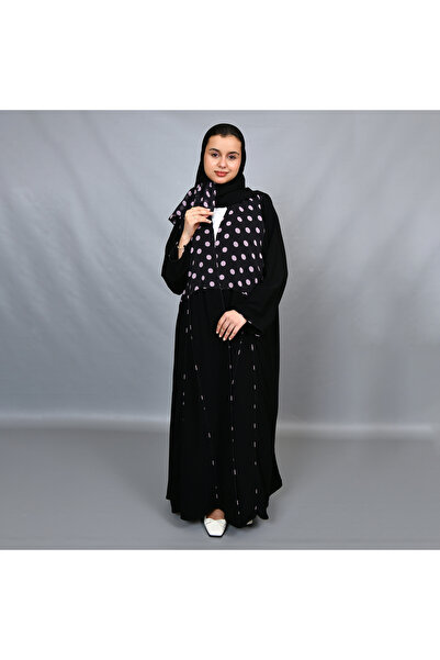 HAWRAA ABAYA عباية سوداء بتصميم طبقات منقطة (بولكا دوت) وتفاصيل كشكش