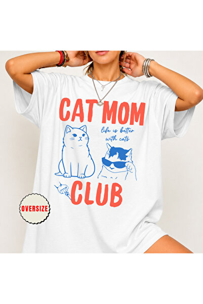 TAVRIN Cat Mom Club Baskılı Oversize Kedi Annesi T-shirt