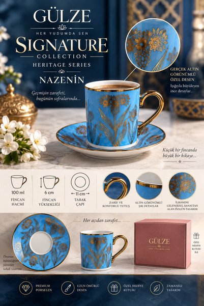 GÜLZE Signature Collection / Heritage Series / Nazeni̇n Model 2-Person Coffee Cup Set (Fine Bone Porcelain)