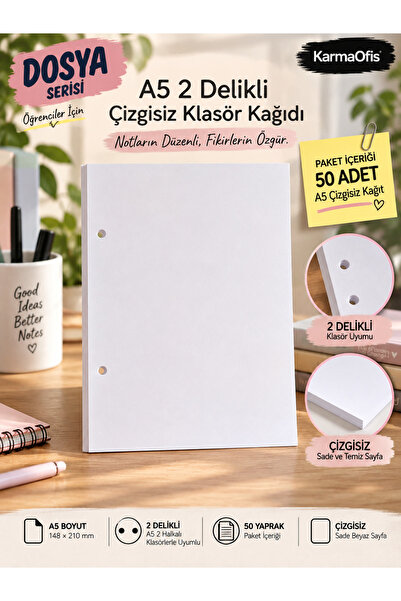 KarmaOfis A5 2 Delikli Çizgisiz Klasör Kağıdı – 2 Halkalı Klasör Uyumlu 50 Ya...