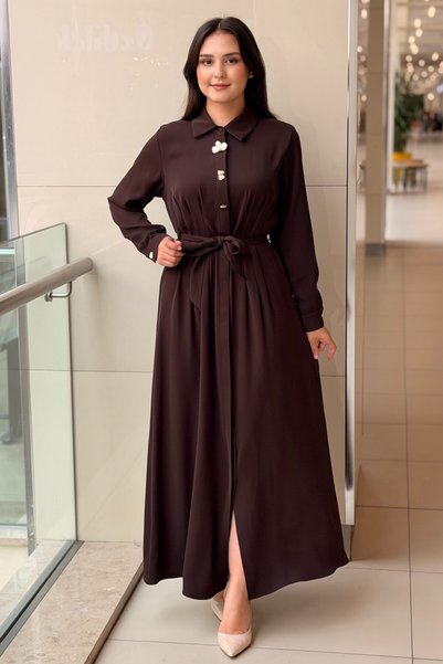 FUAT GÜRSEN Fuat Gürşen Metal Accessory Detailed Pleated Patterned Shirt Dress