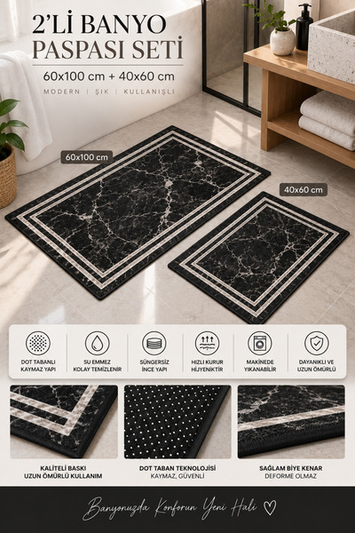 Leventextile Siyah Mermer Desenli 2'li Banyo Paspası Seti 60x100 + 40x60 cm K...