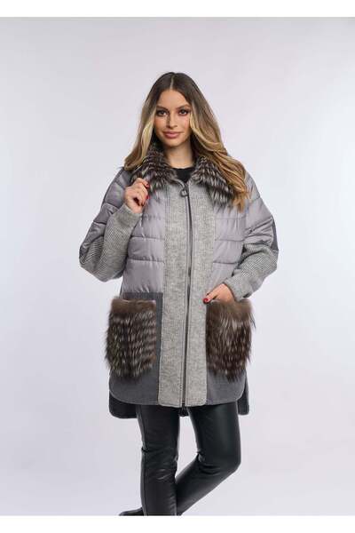 Luxus Palton lana alpaca cu fas accesorizata cu blana naturala de vulpe, GRI
