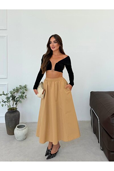mielva Women's Beige Long Elastic Pocketed Comfortable Cut Maxi Skirt