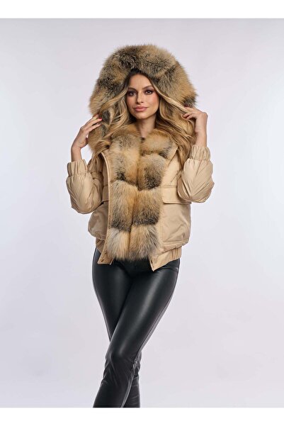 Luxus Geaca fas parka scurta cu blana naturala de vulpe, Bej