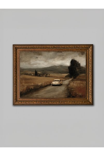 WoodyArts Old Car Brown Vintage Framed Decorative Living Room Wall Painting H...