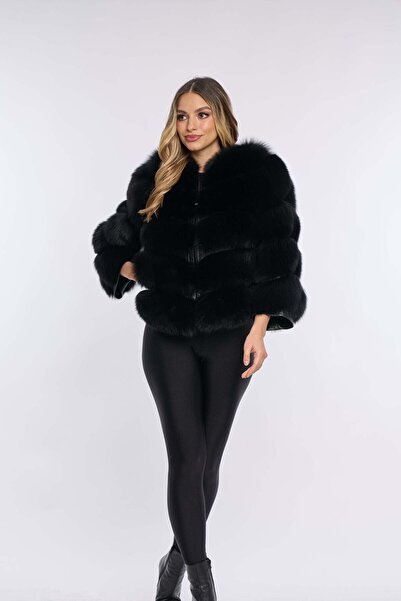 Luxus Haina din blana naturala de vulpe, model italian negru, maneca 3/4, 2 in 1