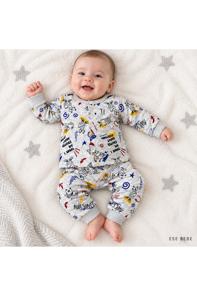 ese bebe Erkek Bebek Canavar Baskılı Çıtçıtlı Pijama Takımı 2’li Gri