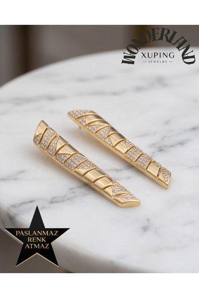 XUPING JEWELRY Uzun Taşlı Kadın Küpe - 14K Altın Renginde - Zirkon Taşlı - Ka...