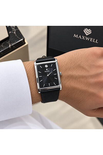 Maxwell Maxwell Men's Rectangular Black Dial Watch with Black Leather Strap