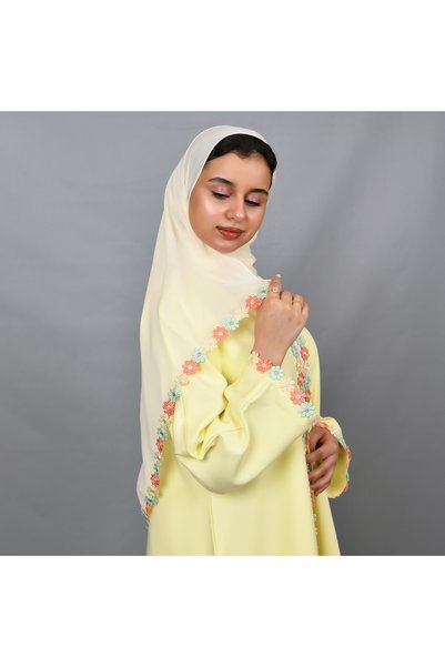 HAWRAA ABAYA عباية صفراء أنيقة بتطريز الأزهار الملونة