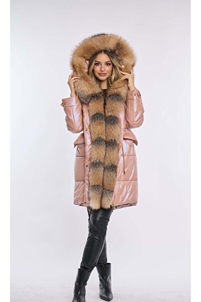 Luxus Geaca fas parka rose cu blana naturala de vulpe canadiana Flo