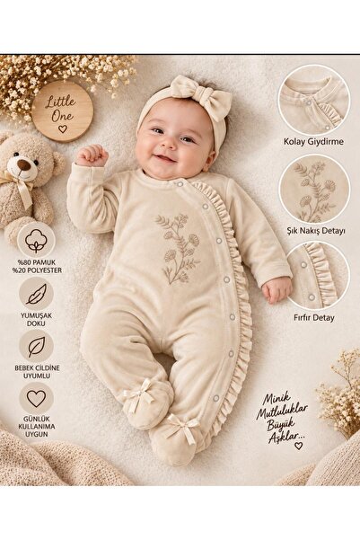 Elyesa Baby Kız Bebek Çiçek Nakışlı Fırfırlı Kadife Tulum- Patikli
