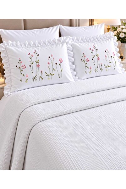 İK TEKSTİL Waffle Dokulu Nakışlı Fırfırlı %100 Pamuk 6 Parça Çift Kişilik Pik...