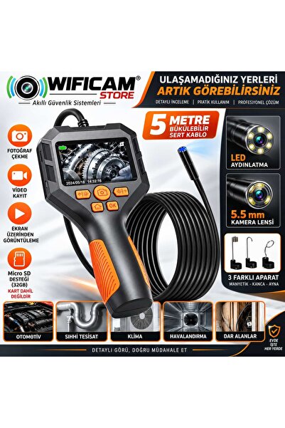 WIWOCAM 5 Metre El Tipi Ekranlı Yılan Kamera 5.5mm Lens Sert Kablo