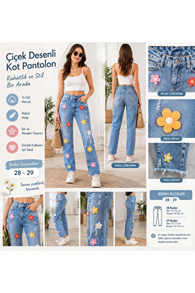 Daisy Kadın Çiçek Nakışlı Kot Pantolon Renkli Çiçek Detaylı Rahat Kesim Jean ...