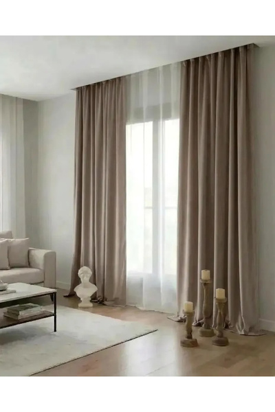 İNCİLİFE Açık Vizon Rengi Kadifemsi Doku Pilesiz Düz Dikim Büzgülü Salon Fon ...