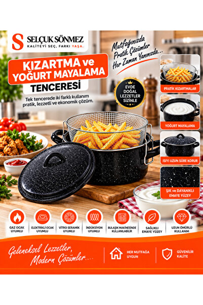 SELÇUK SÖNMEZ Fritöz Kapaklı Emaye Süzgeçli Sepetli Yanmaz Yapışmaz Kızartma ...