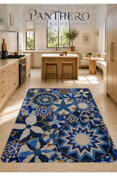 Panthero Home Mavi Bej Sepet Motifli Kaymaz Taban Süngerli Yıkanabilir Halı