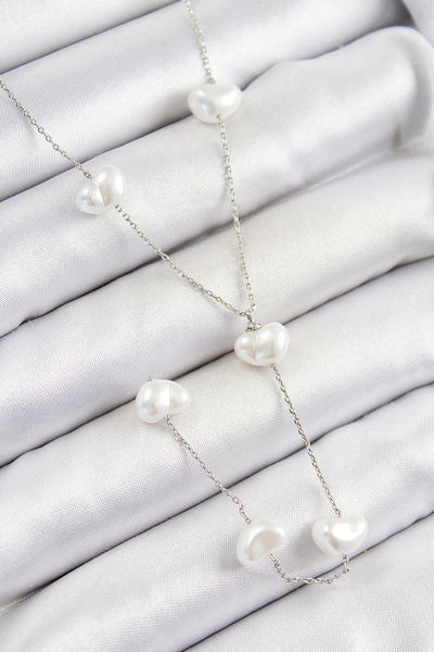 Livenda Brass Pearl Heart Figured Y Model Silver Color Women's Necklace Tj-Bk...