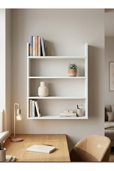 Genel Markalar Modern 4 Katlı Ahşap Duvar Rafı - Beyaz Kitaplık ve Dekoratif ...