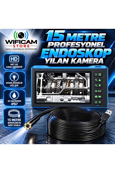 WIWOCAM 15 Metre 3 Lensli 7 İnç Büyük Ekranlı Yılan Kamera Sert Kablo-SD Kart...