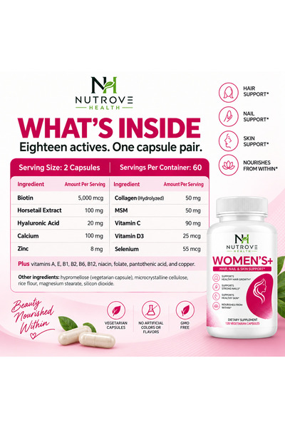 Nutrove Health Women’s+ Hair, Nail & Skin Support – 120 Vegetarian Capsules