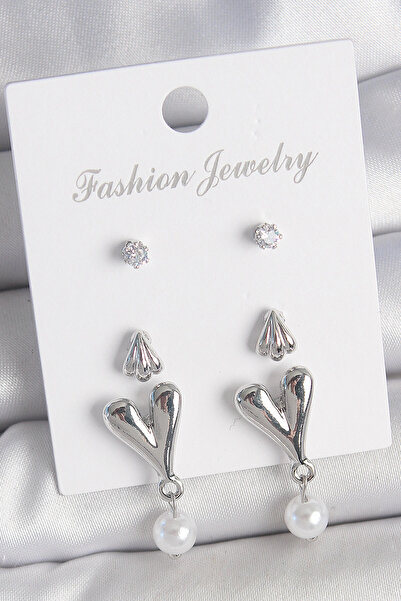 Livenda Brass Silver Color Zircon Stone Dangle Heart Model 3 Pairs Women's Ea...