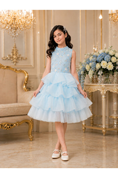 Generic Brand Sky Blue Girls Party Dress 3D Rose Flower Pearls Applique Layer...