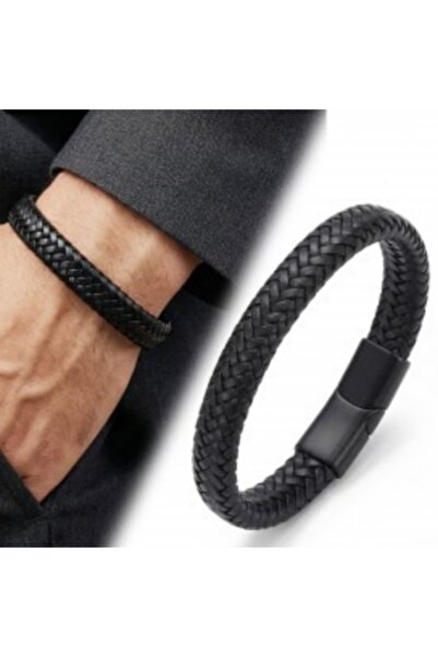 Nazellaa Men's Genuine Leather Bracelet Black Color Braided Bracelet