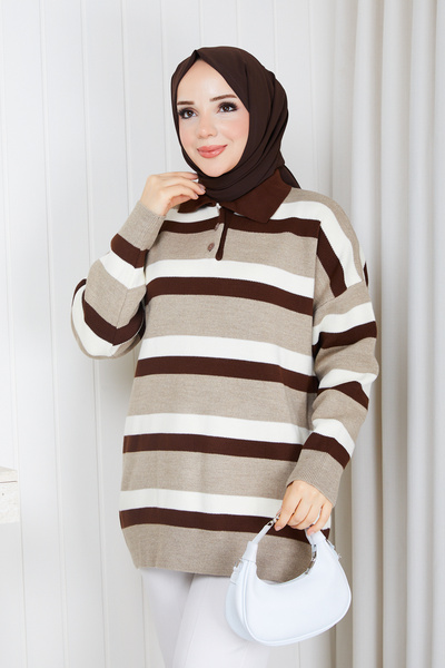 Pamuk Butik Women's Polo Neck Striped Knitwear Tunic