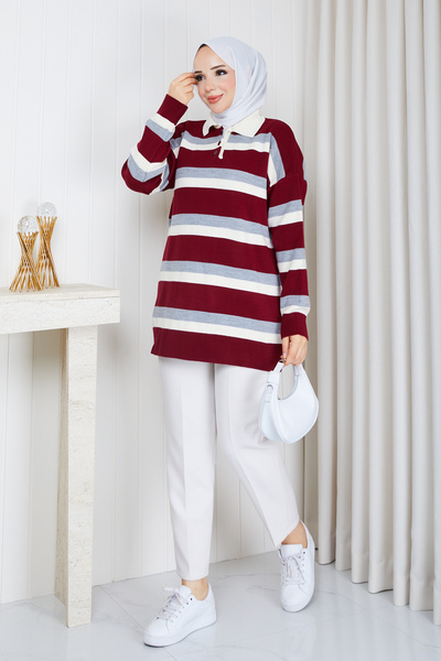 Pamuk Butik Women's Polo Neck Striped Knitwear Tunic