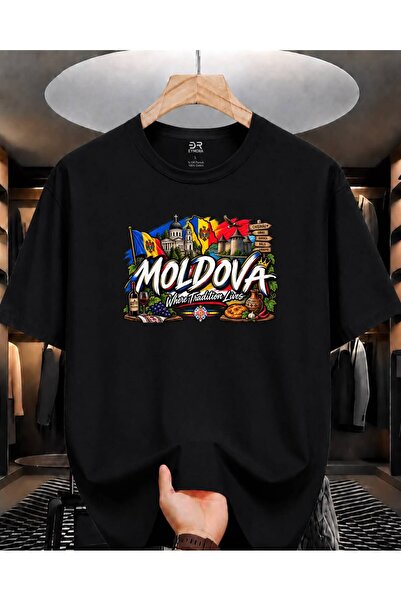 EYMORA تي شيرت أسود مطبوع عليه "Moldova Tradition Lives" للجنسين - تصميم علم ...
