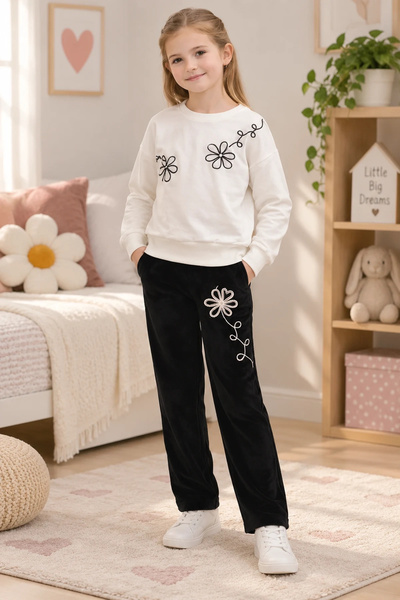 candar Children's Set with Embroidery Detailed Velvet Trousers – Ages 6/10