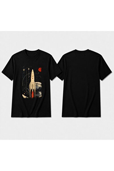 HESCOKOZMETİK Tricou unisex negru din bumbac cu imprimeu retro cu rachetă spa...
