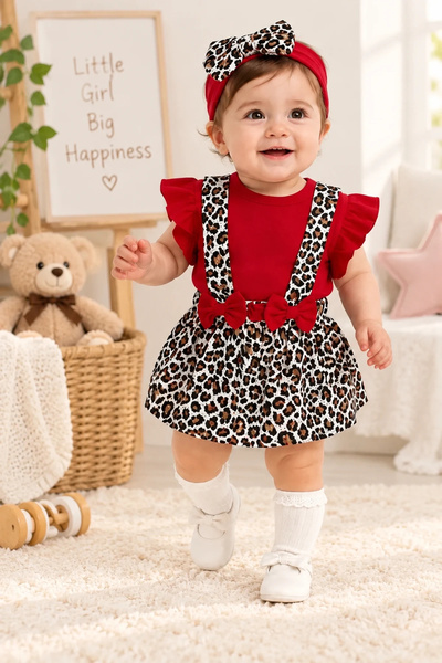 candar Leopard Patterned Salopet, Bodysuit and Bandana Baby Set 3/12 Months