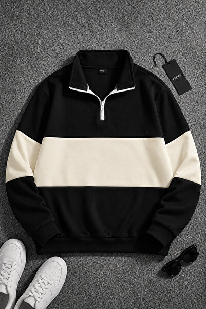 FECCY Premium Unisex Black Color Striped Half Zipper Detailed Polo Collar Swe...