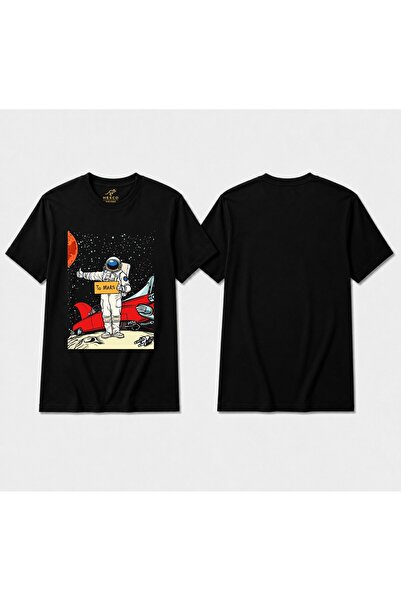 HESCOKOZMETİK Unisex Black to Mars Astronaut and Retro Car Printed Cotton T-S...