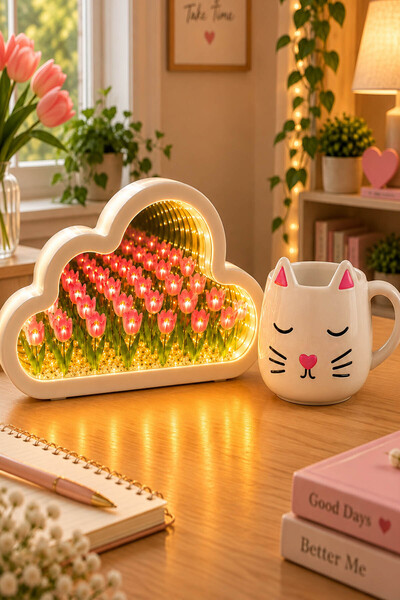zozoya Sonsuzluk Bulut Lale Bahçesi Gece Lambası & Kedi Figürlü El Yapımı 3D ...