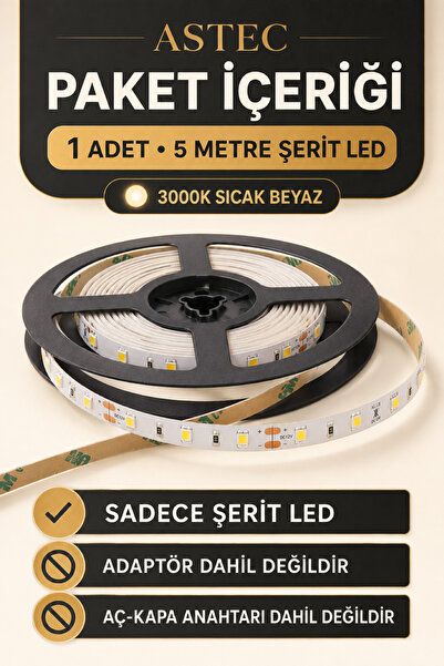 ASTEC 12V Şerit LED 5 Metre / 10 Metre Yapışkanlı Kesilebilir İç Mekân Aydınlatma – Trafo Hariç Bütün Renkler