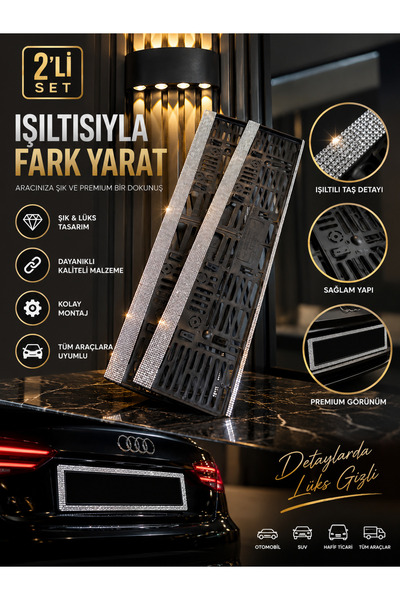RT CAR STORE TAŞLI IŞILTILI PLAKALIK-PLAKA ÇERÇEVESİ TÜM ARAÇLARA UYUMLU (2Ad...
