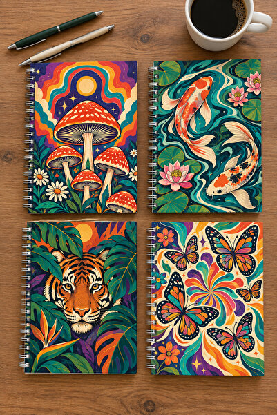 HOPE DİZAYN Psychedelic Desenli A4 4'lü Spiralli Okul Defteri Seti 2 Çizgili ...