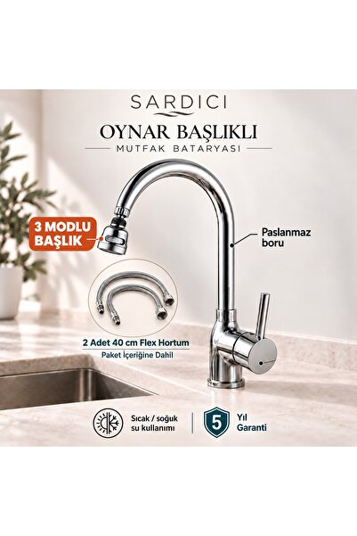 Sardıcı Akış 3 Modlu Oynar Başlıklı Mutfak Bataryası Pirinç Gövde 40 cm Flexl...