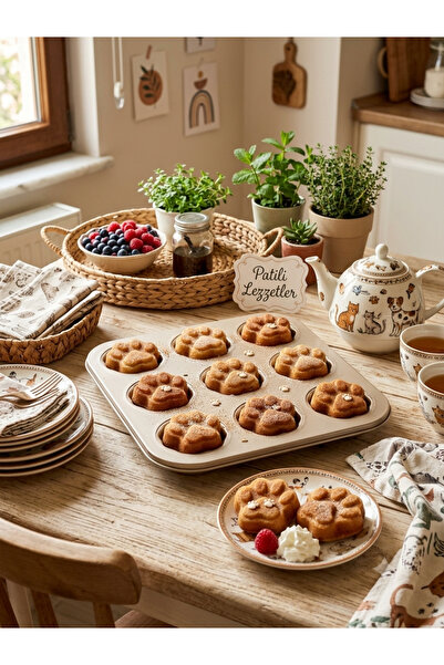 Hopeland Kedi Pati Şekilli Granit Döküm Kek Kalıbı - 12'li Yapışmaz Muffin ve...