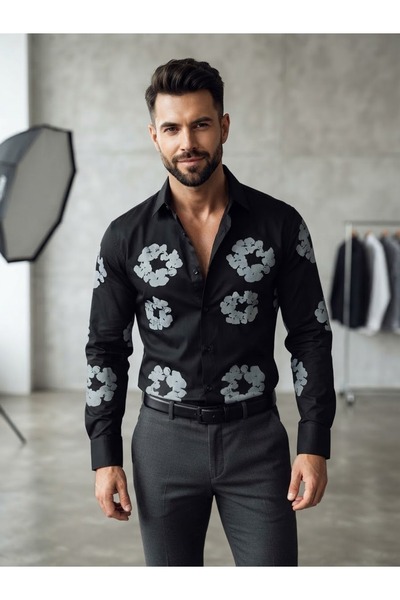 Chordi Cămașă pentru bărbați, slim fit, din denim, cu imprimeu Tears, cu nast...