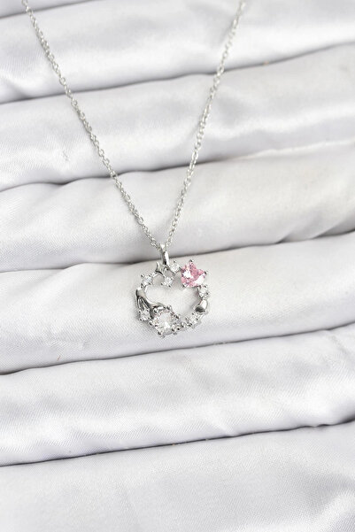 Livenda 316L Steel Chain Silver Color Pink Stone Detailed Wreath Model Women'...