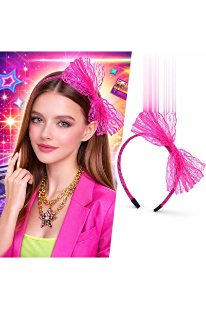 Livenda 80S 90S Neon Pink Lace Crown with Bow