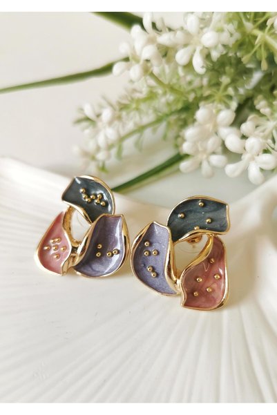 Halley Concept Asymmetrical Shaped Pastel Leaf Earrings with Gold Detail
